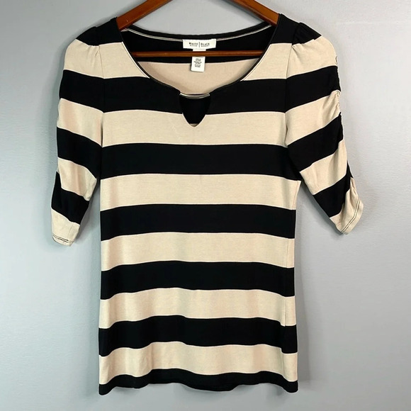 WHITE HOUSE BLACK MARKET Y2K Striped Keyhole Top Black Tan Half Ruched Sleeve XS - Picture 12 of 12